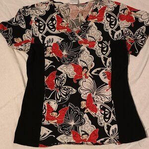 Betty Boop/Scrub Top/Women’s/Small/Black Red White/Stretch Panels Cartoon Print